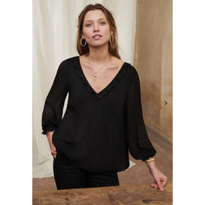 Sezane Sybille Pleated Ruffle Black Blouse